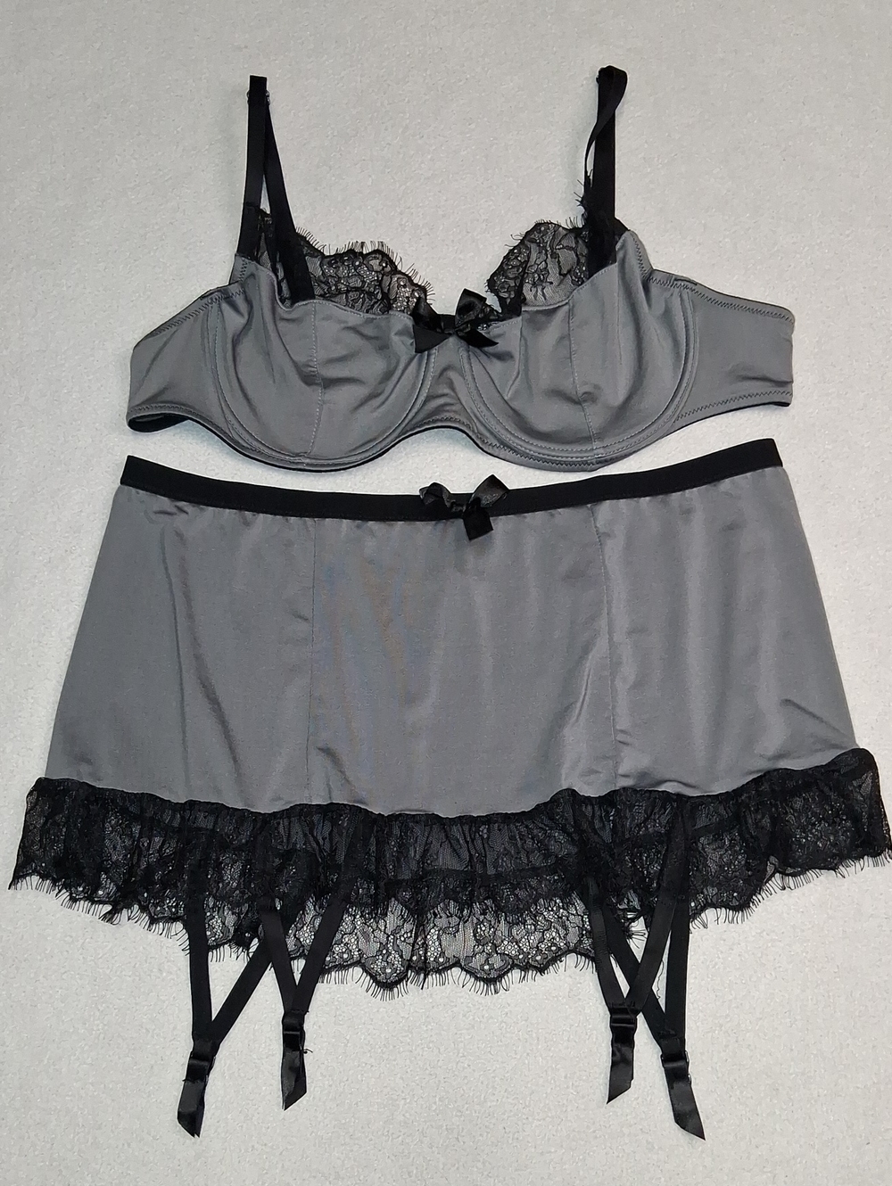 Gray Satin Lace Bra and Garter Skirt Set - Women's Intimates